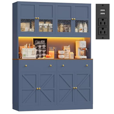 FINETONES 71" Pantry Cabinet with LED Light and Charging Station, Farmhouse Kitchen Pantry Cabinet with Microwave Stand, 47.2" Wide Kitchen Hutch Food Pantry with Open Countertop, Blue