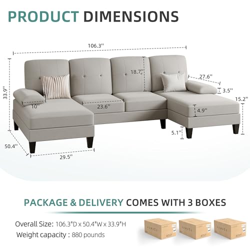 JAMFLY Sectional Sofa Couches for Living Room, 4 Seat U-Shaped Sofa Couch Living Room Furniture Sets Clearance with Double Chaises, Beige JAMFLY