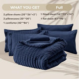 HYMOKEGE Navy Blue Full Size Comforter Sets Seersucker 7 Pieces, All Season Luxury Bed in a Bag for Bedroom, Bedding Set with Comforters, Sheets, Pillowcases & Shams HYMOKEGE