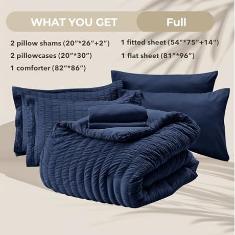 HYMOKEGE Navy Blue Full Size Comforter Sets Seersucker 7 Pieces, All Season Luxury Bed in a Bag for Bedroom, Bedding Set with Comforters, Sheets, Pillowcases & Shams HYMOKEGE