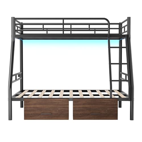 PVWIIK Bunk Bed Twin Over Full with Storage Drawers and LED/Metal Bunk Bed Frame w/Under-Bed Storage for Dormitory,Living Room,Bedroom,Kids,Black PVWIIK