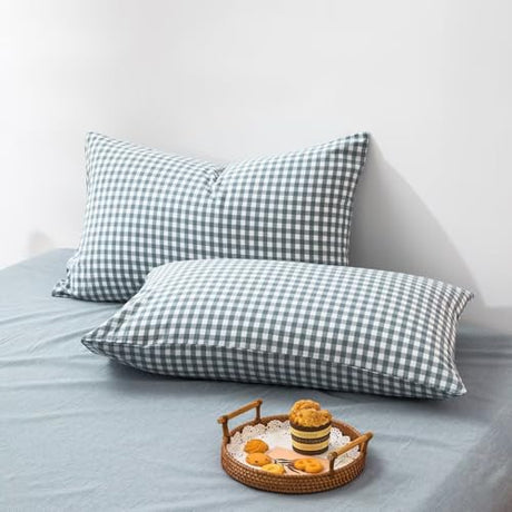 mixinni Blue Gingham Comforter Set King, Plaid Comforter Set 3 Pieces 1 Blue Grid Comfoter with 2 Pillow Cases for All Seasons, Soft Fluffy Modern Grid Pattern Printed Bedding-King Size mixinni