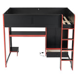 Merax Wood Full Size Gaming Loft Bed with Built-in Desk, Wardrobe, LED and a Drawer, No Box Spring Needed, Sturdy Wood Frame for Bedroom, Black Merax