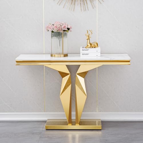 Henf Faux Marble Console Table Luxury White Marble Entryway Table with Gold Mirrored Stainless Steel Base, Elegant Accent Sofa Table for Living Room, Hallway, Foyer, Corridor (Gold & White) Henf