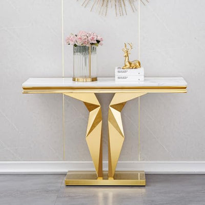 Henf Faux Marble Console Table Luxury White Marble Entryway Table with Gold Mirrored Stainless Steel Base, Elegant Accent Sofa Table for Living Room, Hallway, Foyer, Corridor (Gold & White)