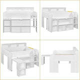 Merax Low Loft Bed with Pull-Out Desk, Full Size Loft Bed with 8 Storage Shelves and Lights, Wooden Kids Loft Bed with Safety Guardrail, Under-Bed Play Space, No Box Spring Needed, Noise-Free, White Merax