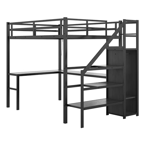 Full Size Black Loft Bed with Desk, Storage Stairs, Wardrobe, USB Charging Station, RGB LED Lights - WoodArtSupply