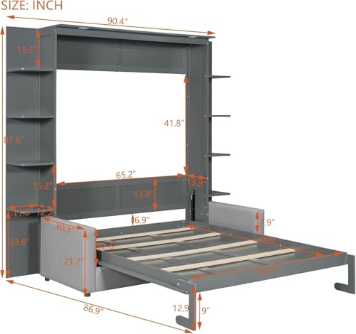 Queen Murphy Bed with Couch and Storage Shelves,Wood Murphy Wall Bed Cabinet with Storage Shelves and Sofa,Folding(Grey) Virubi