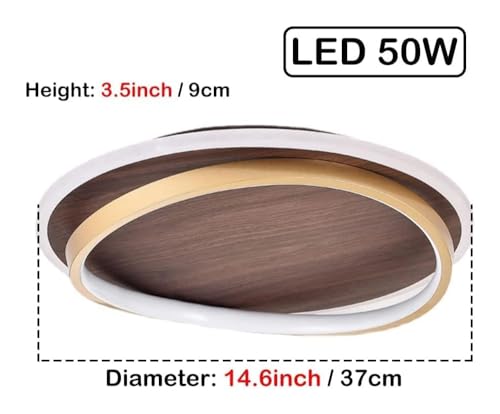 Farmhouse LED Ceiling Light Fixture - Wood Grain Finish Semi Flush Mount Round Mid Century Modern Ceiling Light with Gold Ring Antique Vintage Lighting Fixture for Living Room Bedroom Kitchen Bathroom DXYC