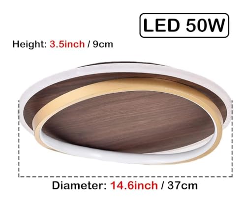 Farmhouse LED Ceiling Light Fixture - Wood Grain Finish Semi Flush Mount Round Mid Century Modern Ceiling Light with Gold Ring Antique Vintage Lighting Fixture for Living Room Bedroom Kitchen - WoodArtSupply