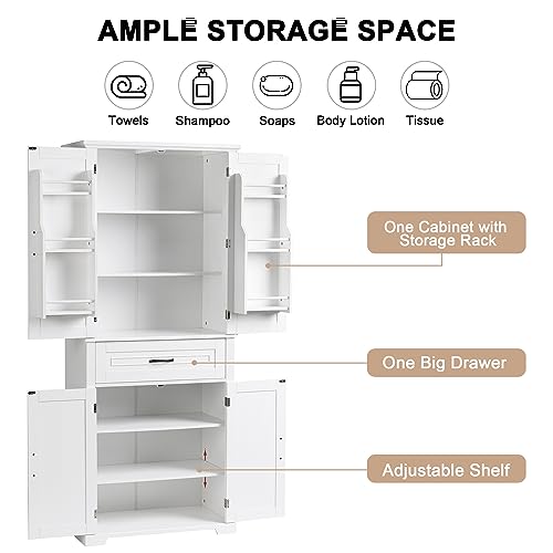 Merax Tall Storage Cabinet with Doors and Drawer, Pantry Cupboard with Rack Organizers Wide Display Shelf for Bathroom or Kitchen, White - WoodArtSupply