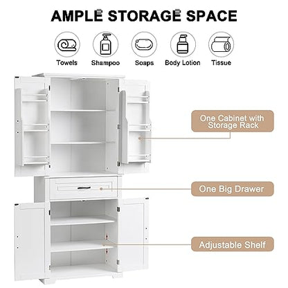 Merax Tall Storage Cabinet with Doors and Drawer, Pantry Cupboard with Rack Organizers Wide Display Shelf for Bathroom or Kitchen, White - WoodArtSupply