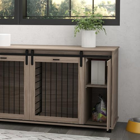 PawHut Dog Crate Furniture with Removable Divider for 2 Small Dogs or 1 Large Dog, 71" Modern Kennel Furniture End Table with Storage, Double Doors, Walnut PawHut