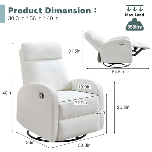 HOMYKA Swivel Rocker Recliner Chair, Manual Faux Leather Recliner, Glider Rocking Recliners 360°Swivel Nursery Reclining Chairs with Adjustable Headrest Highback for Living Room, White