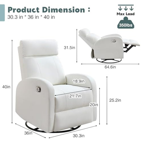 HOMYKA Swivel Rocker Recliner Chair, Manual Faux Leather Recliner, Glider Rocking Recliners 360°Swivel Nursery Reclining Chairs with Adjustable Headrest Highback for Living Room, White HOMYKA