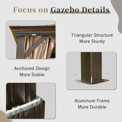 Domi 12x16FT Hardtop Gazebo with Netting & Curtains, Outdoor Aluminum Frame Gazebo with Galvanized Steel Double Roof, Outdoor Permanent Metal Pavilion for Patio Deck Lawn and Garden, Brown domi outdoor living