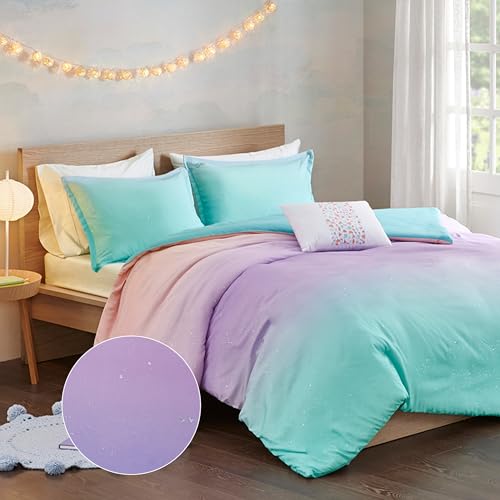 Intelligent Design Queen Duvet Cover Set Full Bed Reversible Colorful Metallic Glitter Ombre Printed Modern, All Season Bedding, Sham & Toss Pillow, Glimmer Pink Purple Rainbow Full/Queen, 4 Piece Intelligent Design
