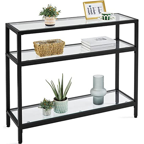 Yaheetech 39.5" Console Table with 3 Storage Shelves,Tempered Glass Sofa Table, Modern Entryway Tables with Metal Frame for Hallway Living Room Bedroom, Easy Assembly, Black Yaheetech