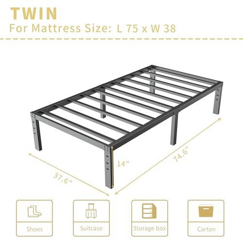 ALDRICH 14 Inch Metal Twin Bed Frame - Single Black Basic Steel Slats Platform, Easy Assembly Heavy Duty Noise Free Bedframes, No Box Spring Needed ALDRICH