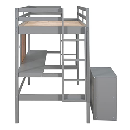 DEYOBED Twin Loft Bed with Desk and Cabinet - Stylish Grey Wood Frame for Kids and Teens - WoodArtSupply