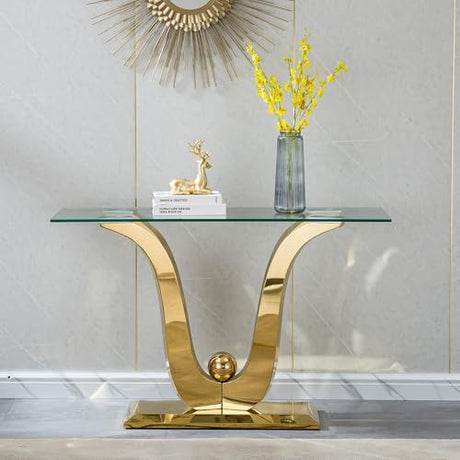 47" Glass Console Table, Long Narrow Tempered Glass Sofa Tables with Double U-Shaped Mirrored Stainless Steel Base, 47 inch Modern Console Tables Luxury Gold Entryway Table for Hallway, Living Room Kootlena