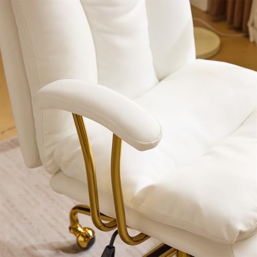 VINGLI Home Office Desk Chair Comfy with Wheels & Removable Armrests,Gold Base Vanity Chair with Back, Adjustable Rolling Swivel Computer Task Chair for Study,Makeup,Office,Bedroom,PU Leather,White VINGLI