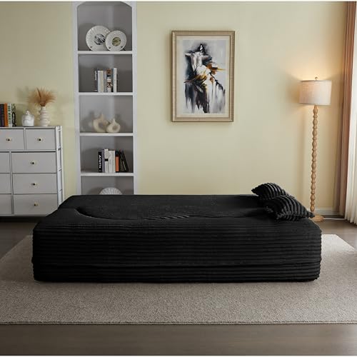 Teddy Fabric 3-in-1 Floor Sofa Bed with 2 Pillows, 15" Full Size Convertible Folding Foam Mattress Couch, No-Assembly Trifold Futon Guest Bed for Living Room, Dorm (Plush Corduroy, Black) Generic
