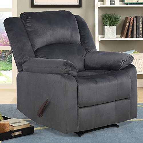 Relax-A-Lounger Preston 33.5" Manual Pull-Handle Recliner, Traditional Overstuffed, Pocket Coil Comfort, Black Metal Base Legs, Soft Microfiber Fabric, Steel Gray