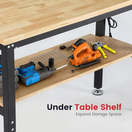 ENJOYWOOD 48 Inch Workbench for Garage Adjustable Height Work Bench with Under Table Shelf Pegboard Power Outlets Work Table for Woodworking, Home, Office, Workshop ENJOYWOOD