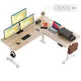 farexon 63x55 Inch L Shaped Standing Desk with Outlets, Electric Adjustable Height Stand Up Desk, Corner sit Stand Desk with Mouse Pad, Hook, Home Office Writing Gaming Computer Workstation, Oak Grey farexon
