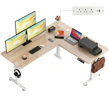 farexon 63x55 Inch L Shaped Standing Desk with Outlets, Electric Adjustable Height Stand Up Desk, Corner sit Stand Desk with Mouse Pad, Hook, Home Office Writing Gaming Computer Workstation, Oak Grey farexon