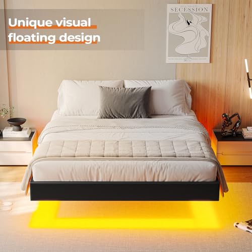 Hasuit King Size Floating Bed Frame with LED Lights – Modern Black Faux Leather Platform Bed, No Box Spring Needed - WoodArtSupply