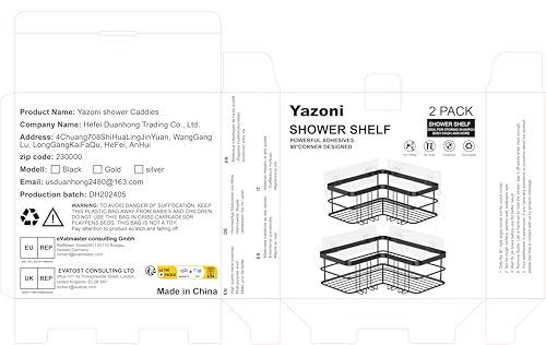 Yazoni Corner Shower Caddy, Adhesive Shower Shelves No Drilling [2-Pack], Rustproof Stainless Steel Bathroom Shower Organizer Wall Mounted with 8 Hooks (Black) Yazoni