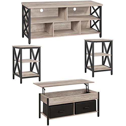 Yaheetech 4 Pieces Living Room Table Sets - Includes TV Stand with Storage for 65 in TV, Lift-top Coffee Table with Baskets, 2 Set End Side Table for Home, Gray - WoodArtSupply