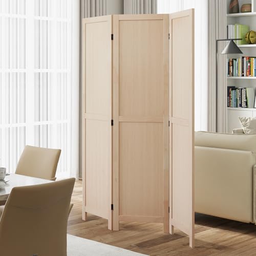 COSTWAY 3 Panel Folding Room Divider, 67" Rubber Wood Privacy Screen for Room Separation, Freestanding Hinged Partition Wall Divider for Bedroom, Living Room, Kitchen, Home Office, Restaurant COSTWAY