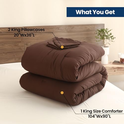 Paxrac Earthy Brown Comforter King Size, Neutral 3 Pieces Comforter Set, Lightweight Solid Bedding Set, All Seasons Soft Fluffy King Comforter Set (104x90In Comforter & 2 Pillowcases) Paxrac