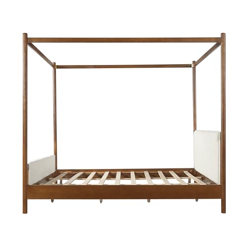 Christopher Knight Home Rotie King Size Canopy Bed Frame, Boucle Upholstered King Size Bed Frame with Headboard, King Platform Canopy Bed, Wooden Slats Support, No Box Spring Needed, White+Brown