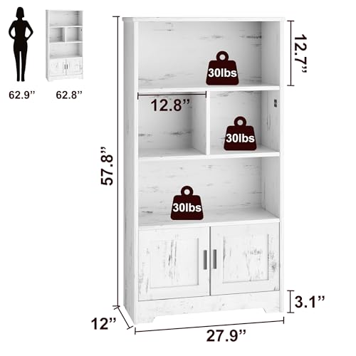 IDEALHOUSE Wood Bookcase with Doors White Bookshelf with LED Lights Modern Storage Rack 3 Shelf Standing Bookshelves Large Display Shelf Unique Book - WoodArtSupply