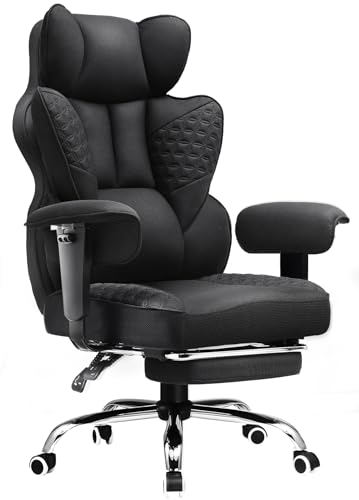 COMHOMA Big and Tall Office Chair 400LBS Wide Ergonomic Fabric Deluxe Embossing Designed Gaming Chair with Foot Rest,150°Reclining Adjustable Armrests Pocket Spring Back Support and Pillow COMHOMA