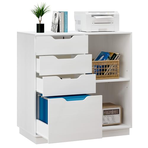 PAG-Mass 4 Drawers Lateral File Cabinets, Wood Filing Cabinet, Printer Stand with Open Storage Shelves for Home Office, 6 Compartments, White PAG-Mass
