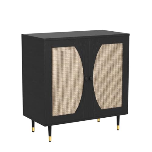 Black Buffet Sideboard Cabinet, Rattan Sideboard with Natural Rattan Doors, Black Rattan Console Table with Storage, Modern Accent Buffet Cabinet with Adjustable Shelves for Living Dining Room