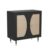 Black Buffet Sideboard Cabinet, Rattan Sideboard with Natural Rattan Doors, Black Rattan Console Table with Storage, Modern Accent Buffet Cabinet with Adjustable Shelves for Living Dining Room 4ever2buy