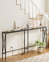 Masupu 70.9" Console Table with Power Outlet, Modern Narrow Long Sofa Table Behind Couch, Skinny Entry Table, Industrial Sofa Table with Metal Frame for Hallway, Living Room, Classic Black Masupu