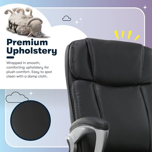 Serta Fairbanks Big & Tall Executive Office Chair, Ergonomic Comfy High-Back ComputerChairs with Lumbar Support, Semi-Plush Seat Cushion, Padded Armrests, Nylon Swivel Base, Bonded Leather, Black Serta