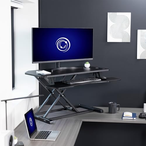VIVO Extra Wide 38 inch Corner Desk Converter, K Series, Height Adjustable Sit to Stand Riser, Dual Monitor and Laptop Workstation with Wide Keyboard Tray, Black, DESK-V000KL VIVO