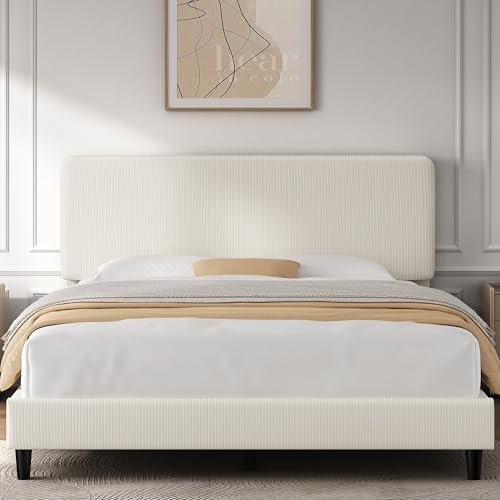 Yaheetech Full Size Bed Frame with Adjustable Headboard, Chenille Fabric Upholstered Headboard/Platform Bed, Full Bed Frame No Box Spring Needed/Wood Slats Support/Easy Assembly/Beige Yaheetech