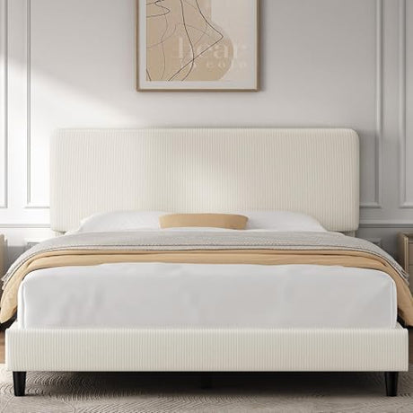 Yaheetech Full Size Bed Frame with Adjustable Headboard, Chenille Fabric Upholstered Headboard/Platform Bed, Full Bed Frame No Box Spring Needed/Wood Slats Support/Easy Assembly/Beige Yaheetech