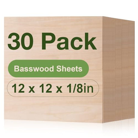 Rowood 30 Pack Basswood Sheets 1/8,3mm Basswood for Laser Cutting,Adult Craft Project Kits,Thin Unfinished Wood for DIY Ornaments,Wood Engraving Burning Architectural Model rowood