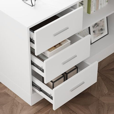 Lovinouse Large White Electric Adjustable Standing Desk, Reversible L Shaped Office Work Desk with Storage Drawers, Adjustable Height and Shelves, Rising Study Computer Table for Home Office, Bedroom Lovinouse