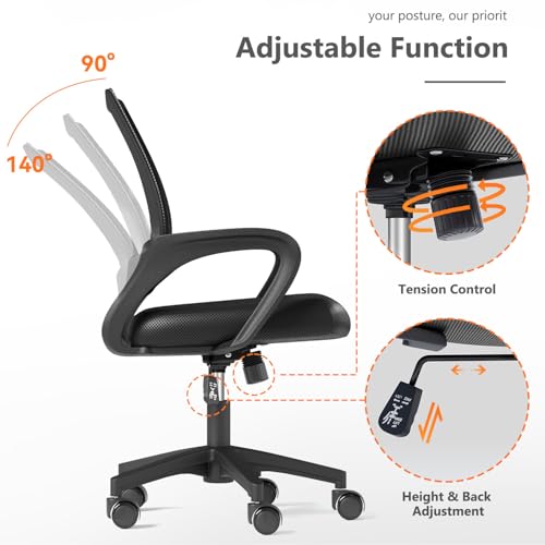 OS MOTOR Home Office Chair, Ergonomic Mid-Back Mesh Desk Chair with Lumbar Support, Adjustable Swivel Rolling Design, Comfy Armrest for Work, Study, Gaming, Vanity, Black OS MOTOR